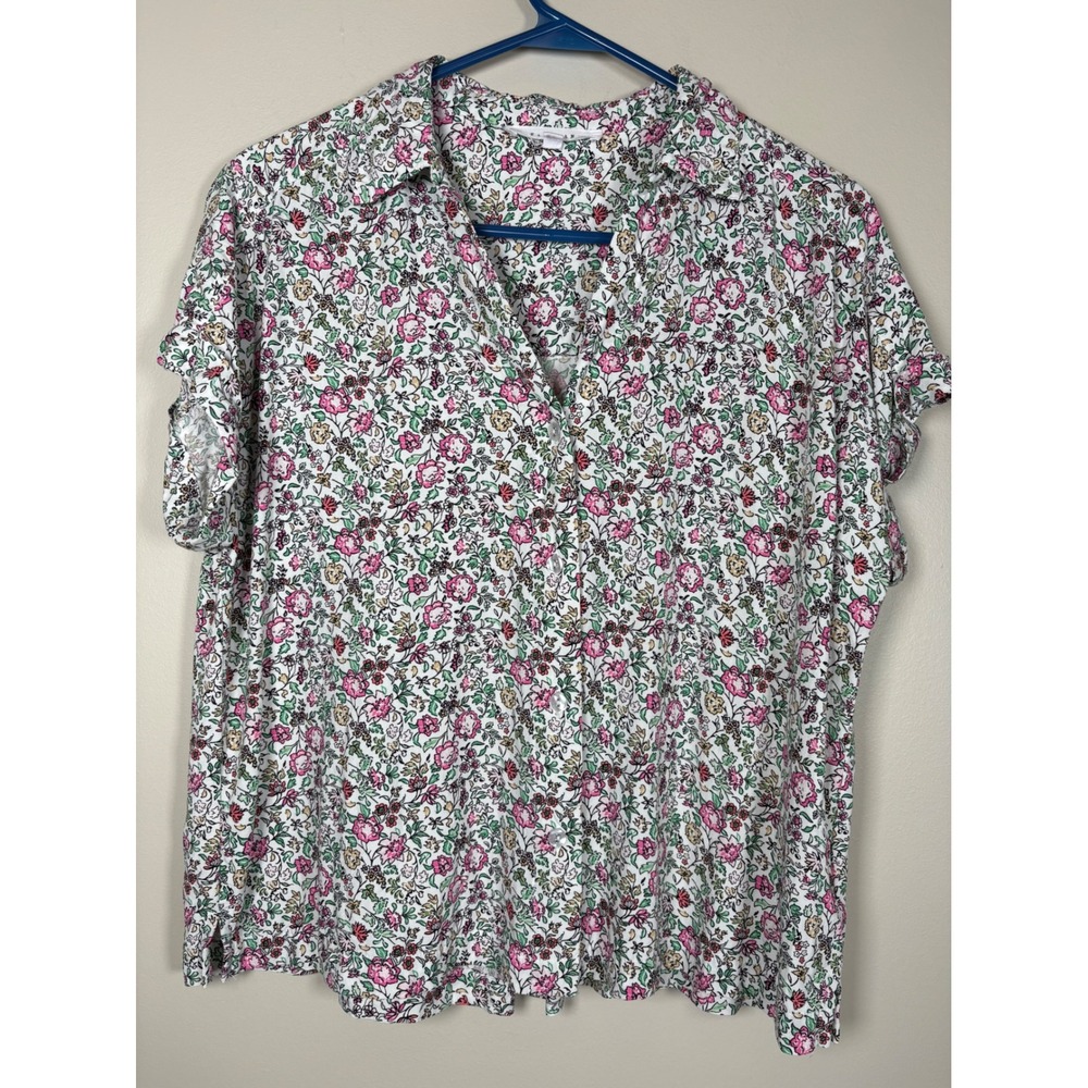Jane + Delancey Floral Short Sleeve Button Down Shirt Pink Green Boxy M Garden